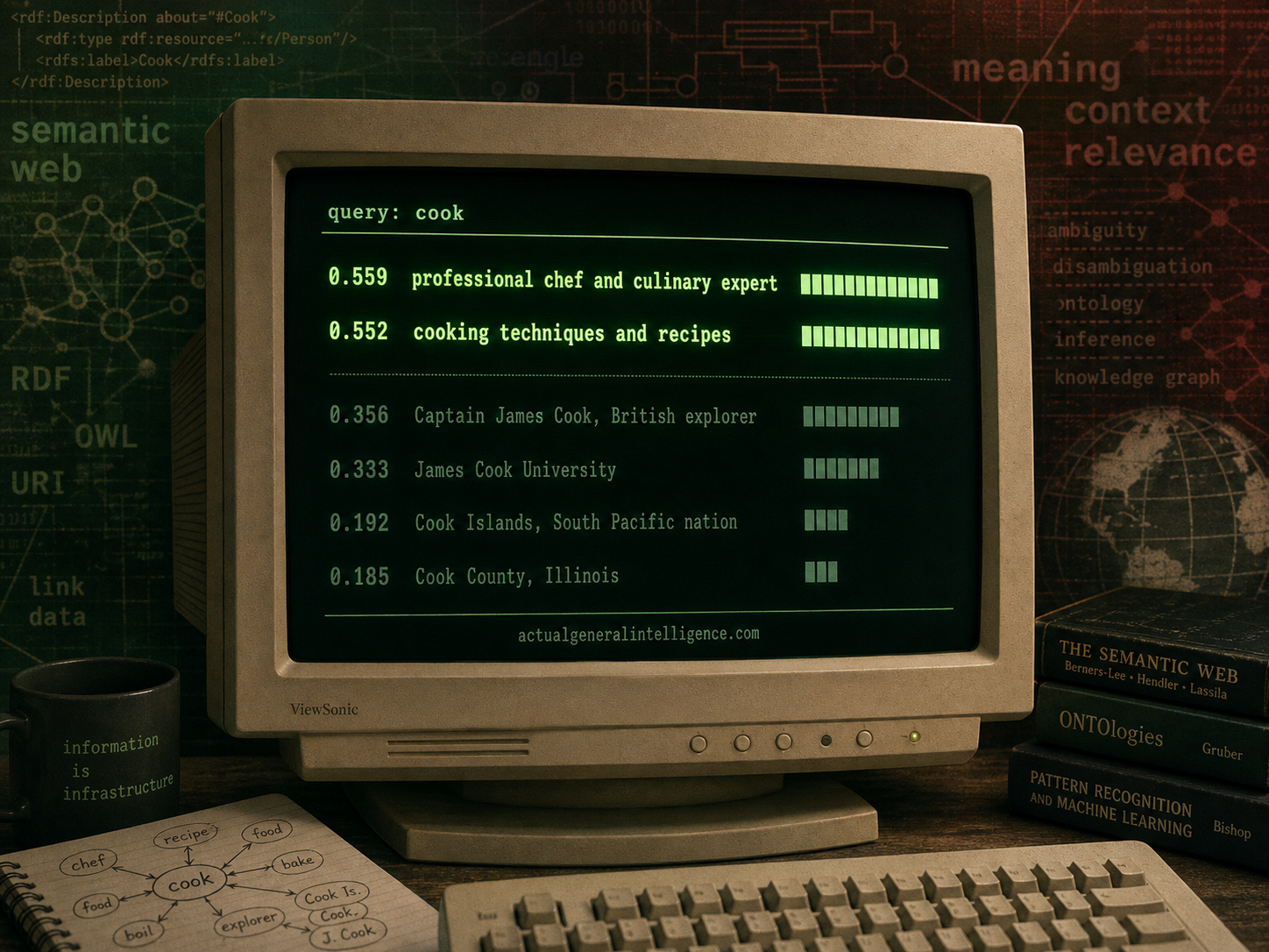 CRT monitor showing raw query cook ranked by Arbiter